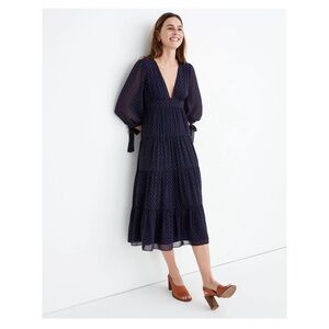 Madewell Tie-Sleeve Tiered Modi Dress in Clipdot, Navy, Size 2